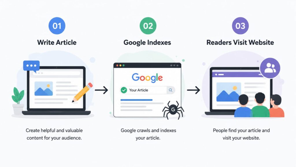 Google indexing process from writing an article to getting website visitors 