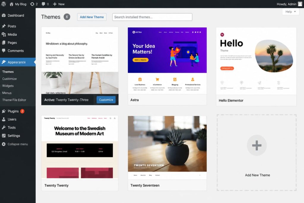 WORDPRESS themes dashboard showing Astra and other blogging themes 