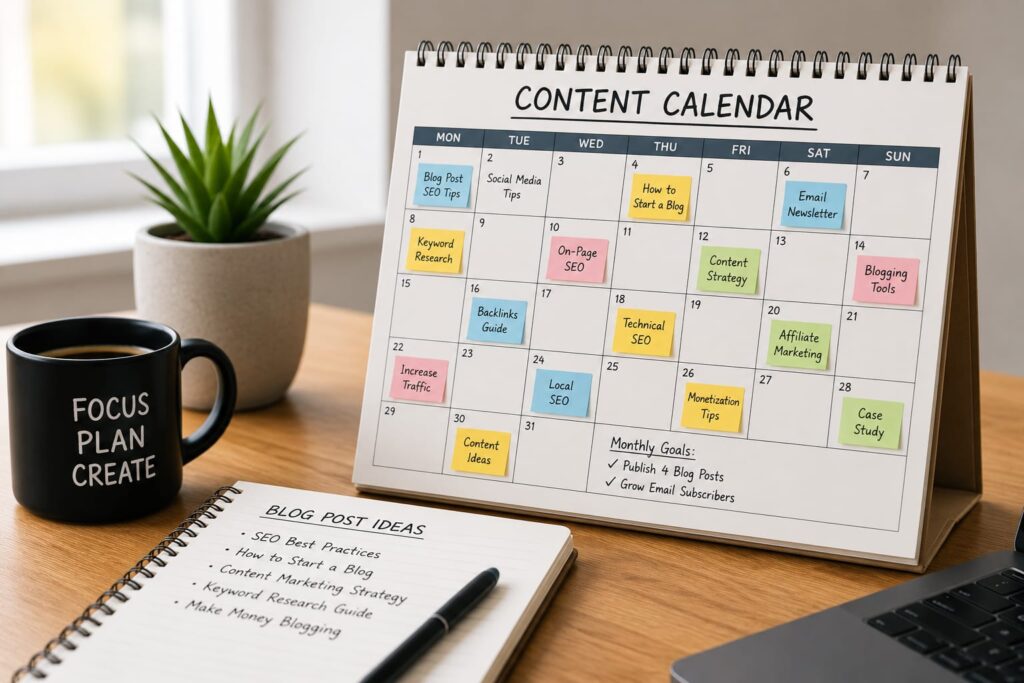Monthly blogging content calendar for planning SEO blog posts 