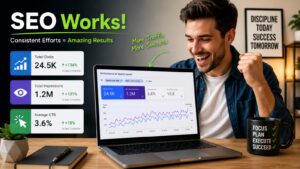 SEO success and organic traffic growth A blogger celebrating What is SEO