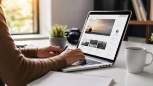 What is Blogging Blogger writing and managing content on a laptop