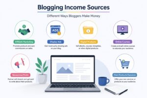 What is Blogging in 2026 Blogging income sources including affiliate marketing, display ads, digital products, online course, sponsored posts and services