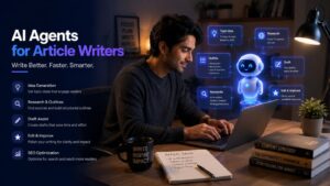 AI agent helping an article writer with research, outlines, drafting, editing, keywords, and SEO optimization on a laptop.