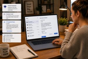 Small business owner reviewing AI agent email drafts